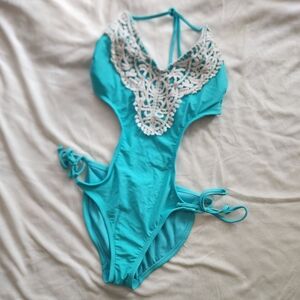 Xhilaration Blue and White One Piece Swimsuit with Plunging Neckline